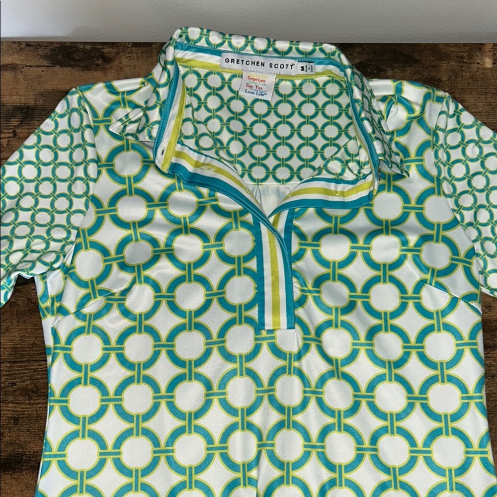 Gretchen Scott Designs White, Teal & Green Geometric Polo Dress